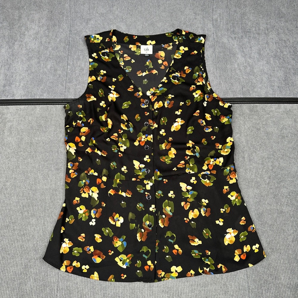 Cabi Sleeveless Button Down y2k Blouse Black Multi Color Abstract Floral Print M